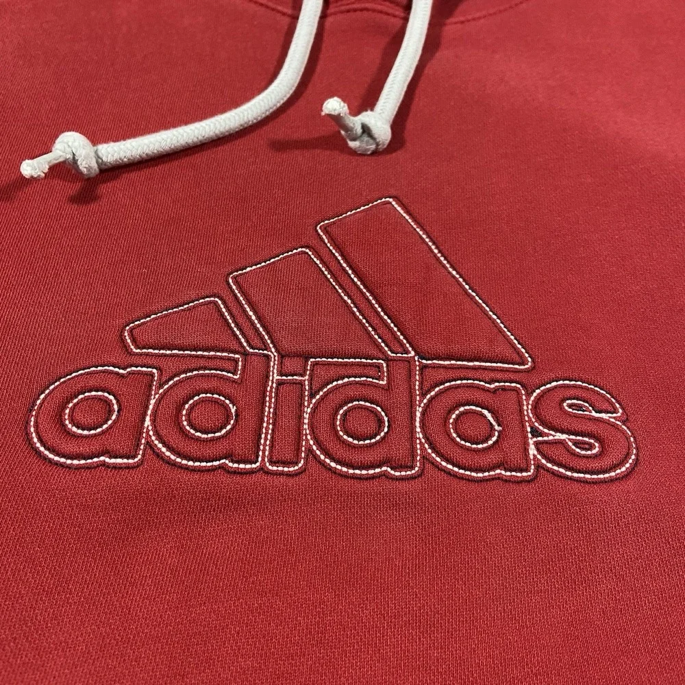 Vintage Adidas Hoodie Sweatshirt Men Size L Red Pullover Embroidered Center Logo